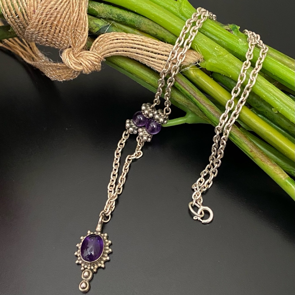 Vintage Handcrafted 925 Sterling Silver Amethyst Cabochon Pendant 18” Necklace